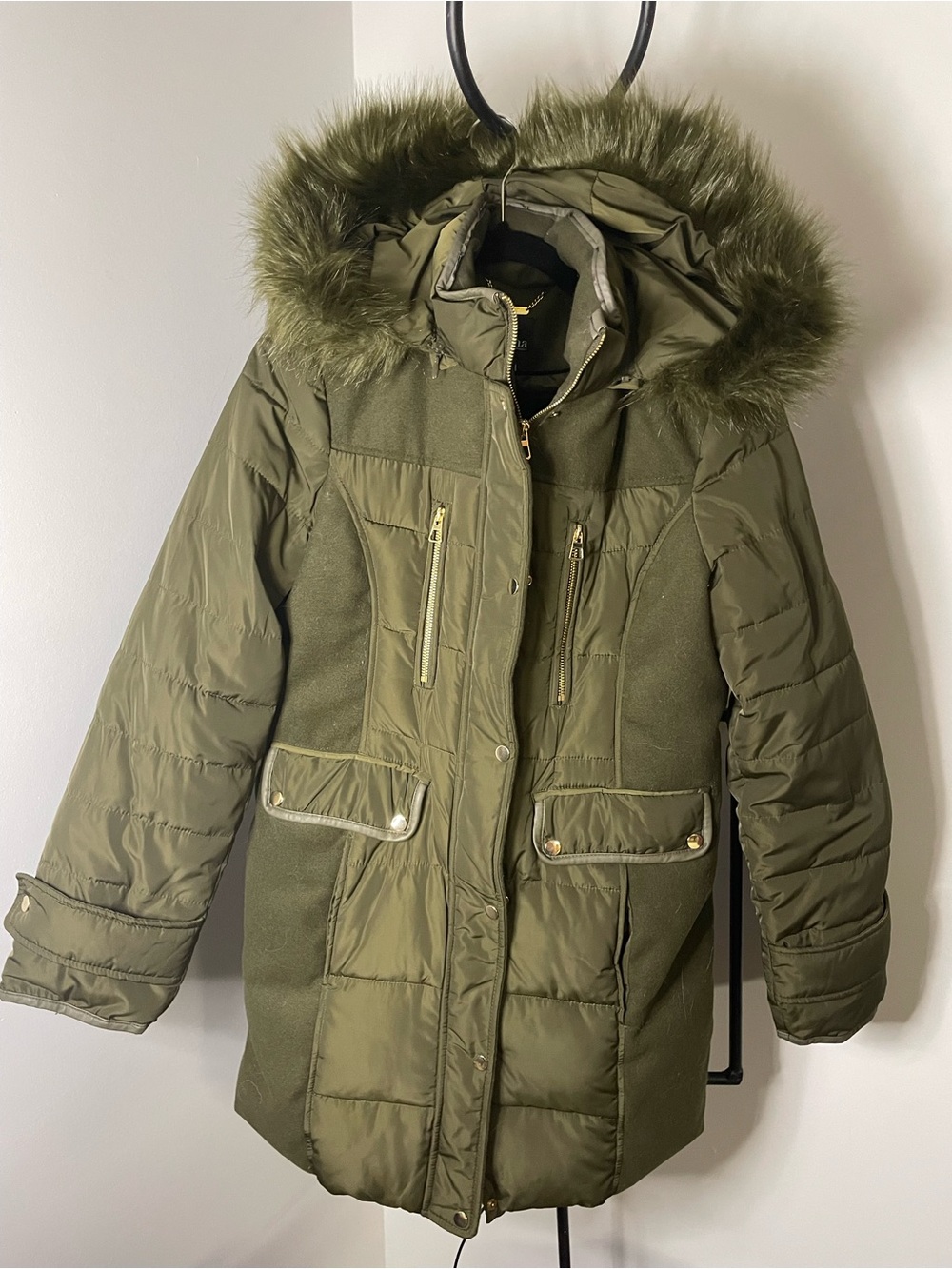 a.n.a Olive Green Faux-Fur Hooded Puffer Coat